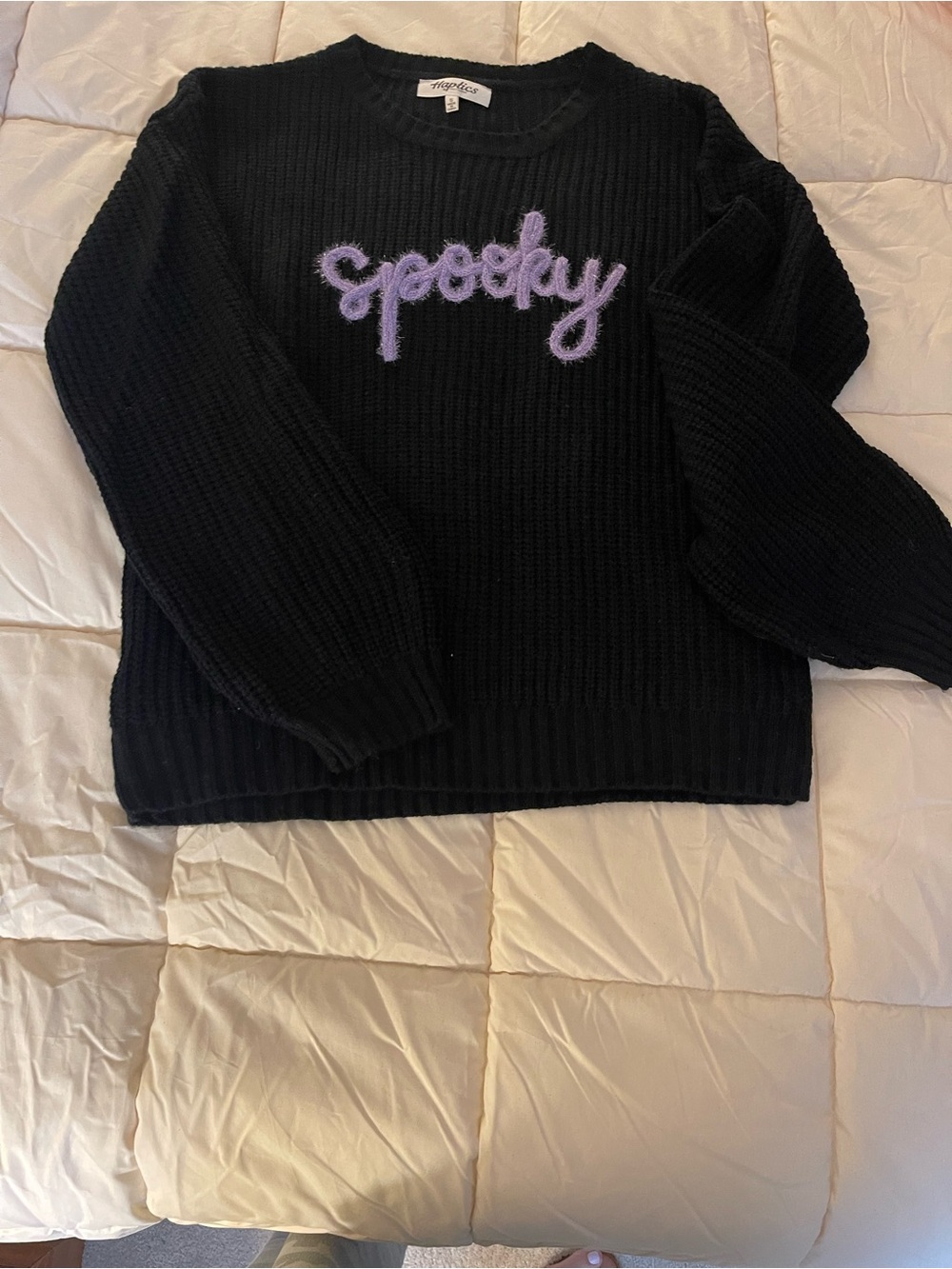 Haptics Black βSpookyβ Halloween Sweater Purple Fuzzy Lettering Size Small